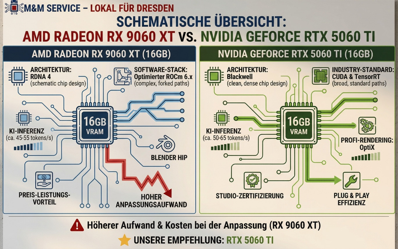 RTX 5060 Ti vs RX 9060 XT 16GB Vergleich KI Rendering CAD Dresden